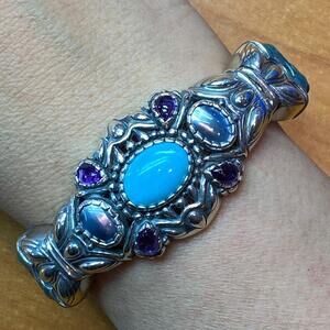 Carolyn Pollack Sterling Multi Gemstone Turquoise Braided Leather Hinge Bracelet